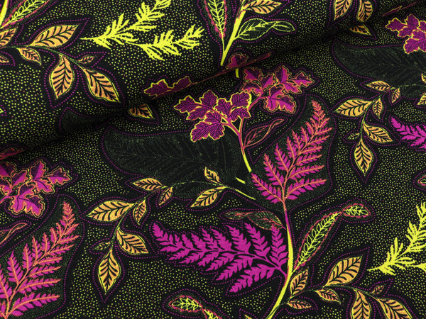 Viskosejersey Print Flowers purple-lime auf Schwarz