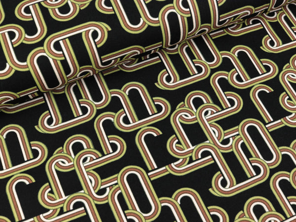 Viskose Twill Print Chains khaki-bunt auf Schwarz