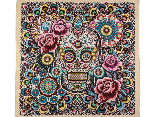 Jacquard Kissen Panel Diá de los Muertos Blumige Totenköpfe Totenköpfe natur-bunt 48x48cm