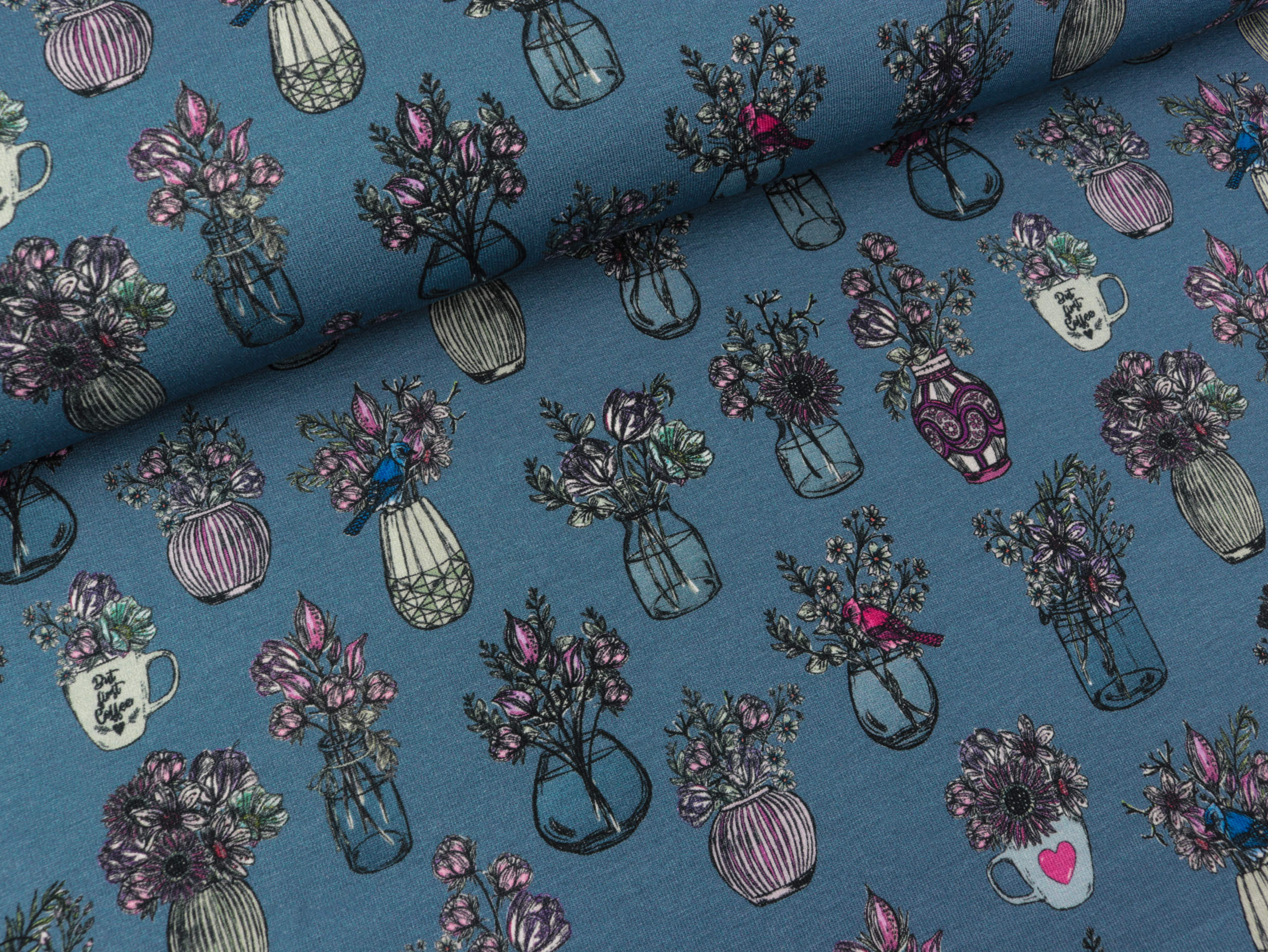 French Terry All my Flowers bunt auf Jeansblau by Lila Lotta Das