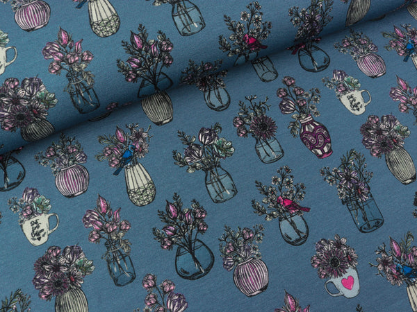 French Terry All my Flowers bunt auf Jeansblau by Lila Lotta