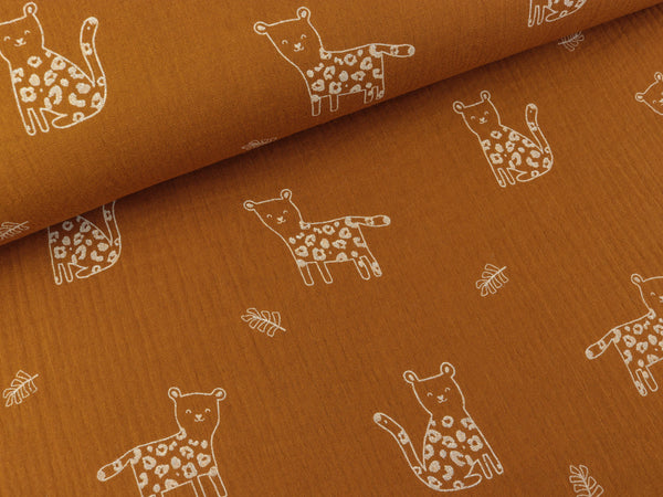 Baumwoll Double Gauze Kleine Panther weiß auf Karamell