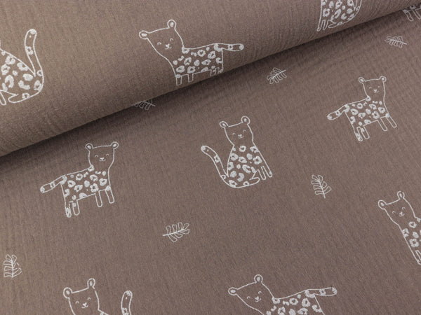 Baumwoll Double Gauze Kleine Panther weiß auf Taupe