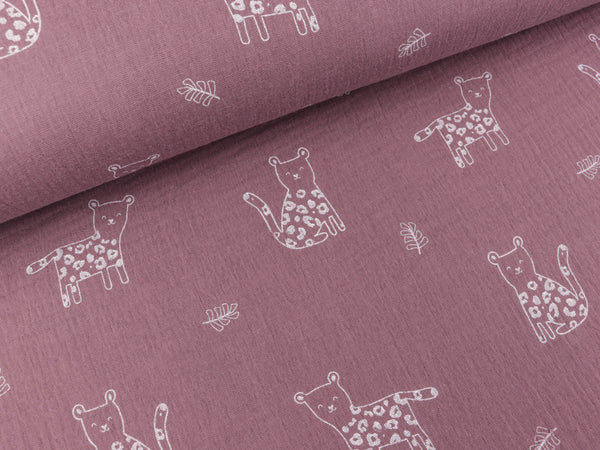Baumwoll Double Gauze Kleine Panther weiß auf Mauve