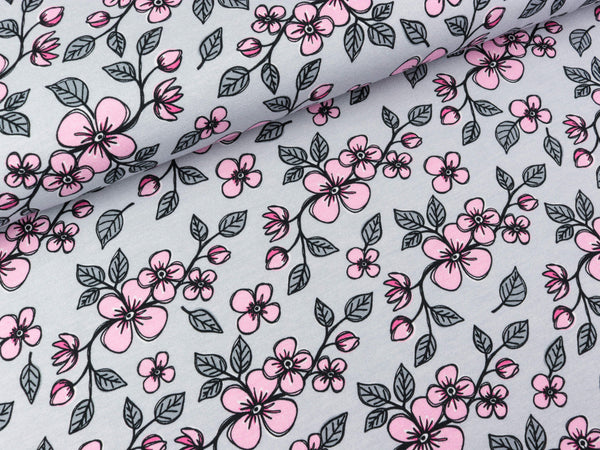 Steinbeck Baumwolljersey Valerie Papillon Blumenranken auf Hellgrau