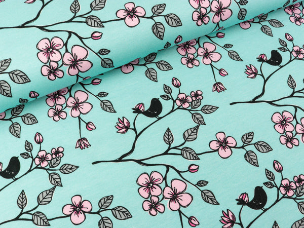 Steinbeck Baumwolljersey Valerie Papillon Blumenzweige und Vögelchen auf Mint