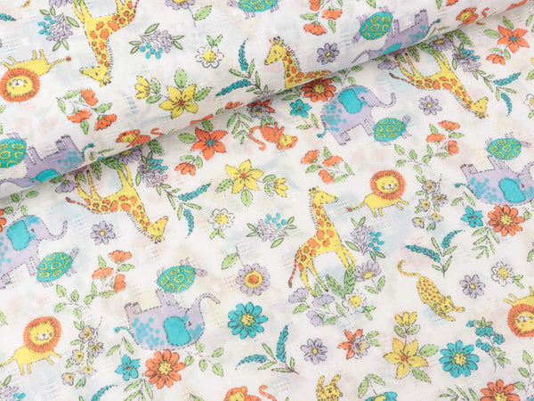 Baumwoll Webware Dobby Print Animals and Flowers bunt auf Weiß