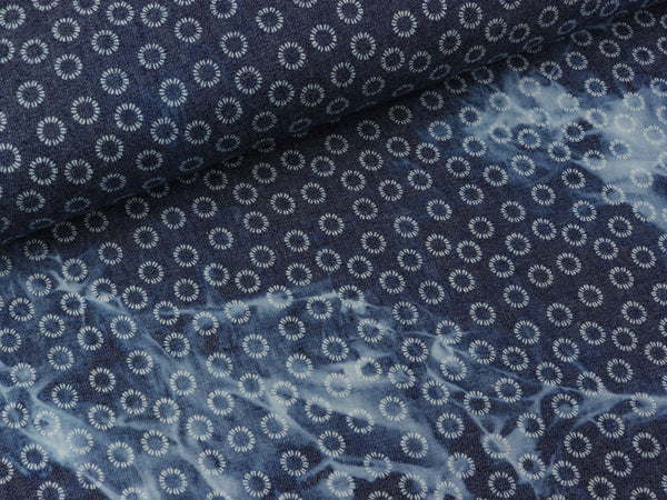 Leichter Jeansstoff Chambray Circles weiß auf Jeansblau Batiklook