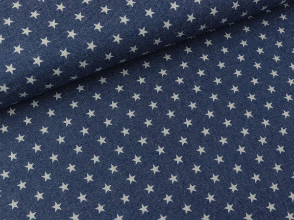 Leichter Jeansstoff Chambray Kleine Sterne weiß auf Jeansblau