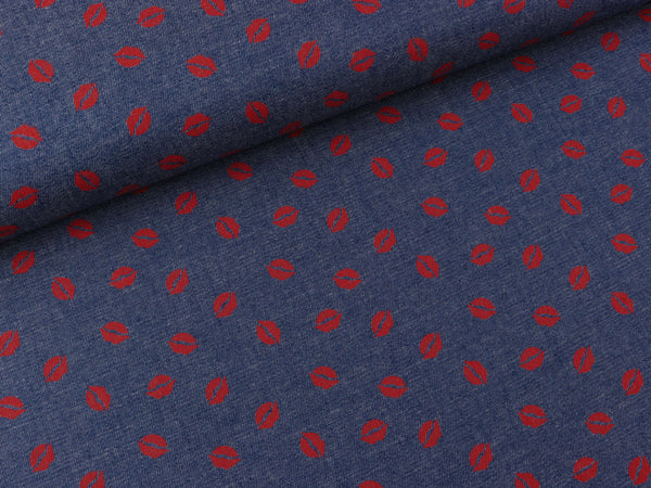 Leichter Jeansstoff Chambray Little Lips rot auf Jeansblau