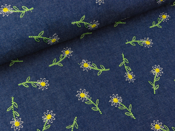 Chambray Leichter Jeansstoff Gestickte Flowers weiß-gelb-grün auf Jeansblau