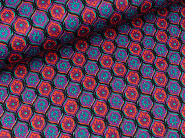 Stretch Baumwollsatin Fancy Kleines Blumenmuster cyclam-türkis-koralle-bunt