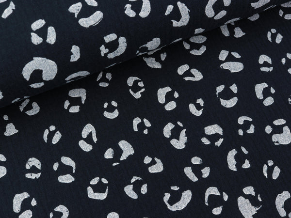 Baumwoll Double Gauze Panther weiß auf Marine