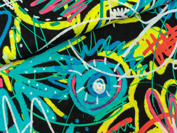 Baumwoll Voile Print Sketching schwarz-bunt