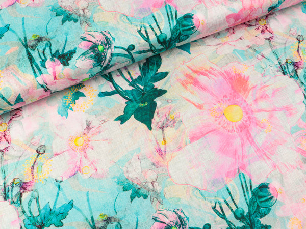 Baumwollsatin Webware Japanese Anemone pink-petrol-bunt by Nerida Hansen