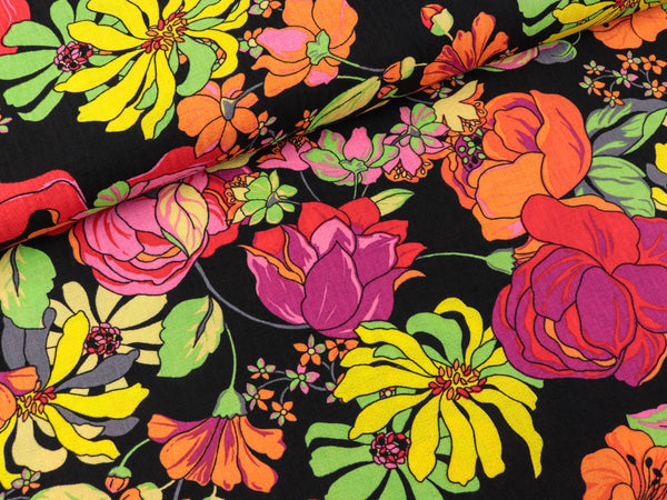 Viskose Webware Bubble Bunte Blumen auf Schwarz