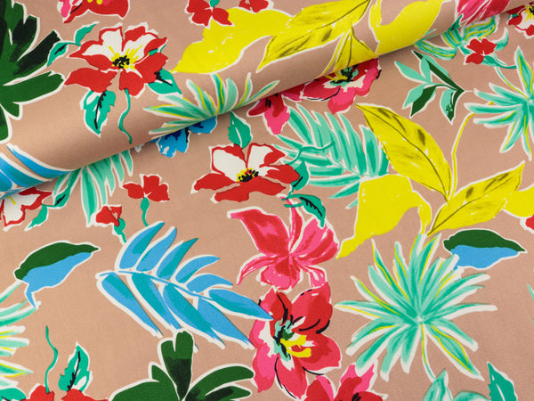 Stretch Baumwollsatin Blumen bunt auf Camel
