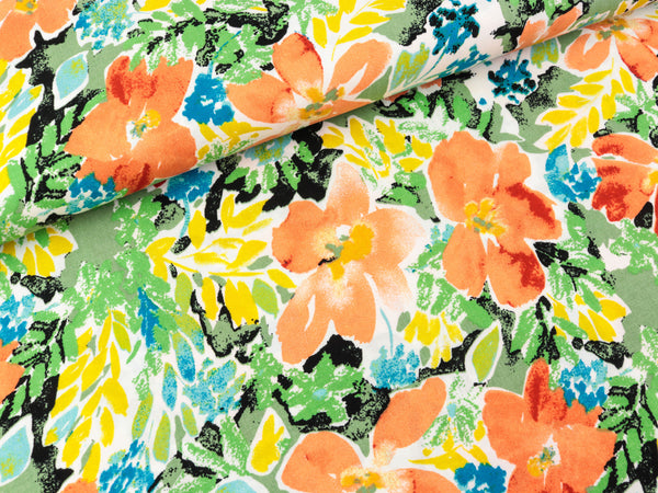 Viskose Popeline Webware Sommerblumen bunt auf Grün