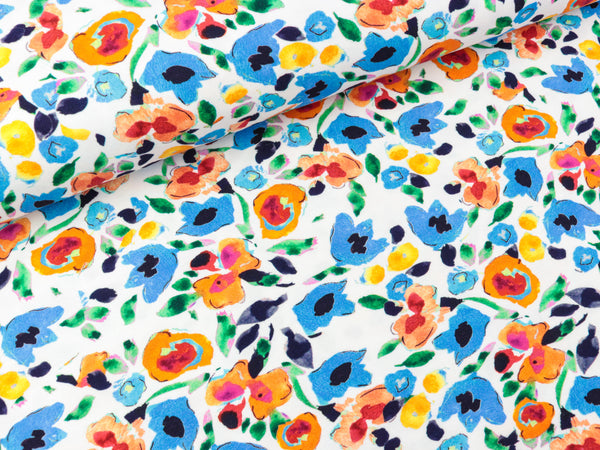 Baumwolljersey Blumen und Blätter blau-bunt auf Weiß Digitaldruck