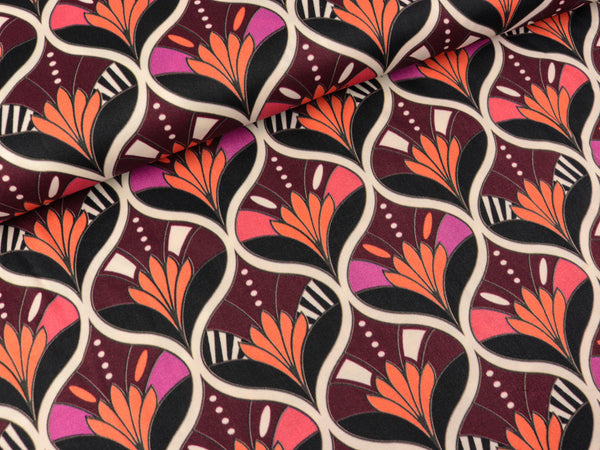 Viskosesatin Abstraktes Muster bunt auf Schwarz