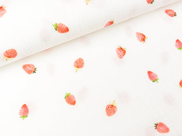 Bambino Musselin Double Gauze Digital Print Kleine Erdbeeren auf Weiß