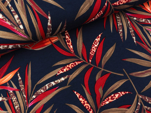 Viskosejersey Bunte Farnblätter auf Navy