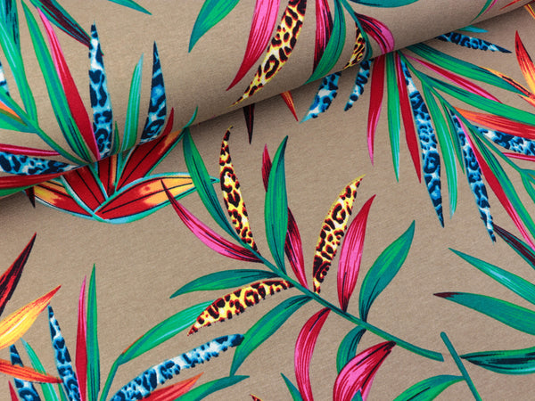 Viskosejersey Bunte Farnblätter auf Taupe