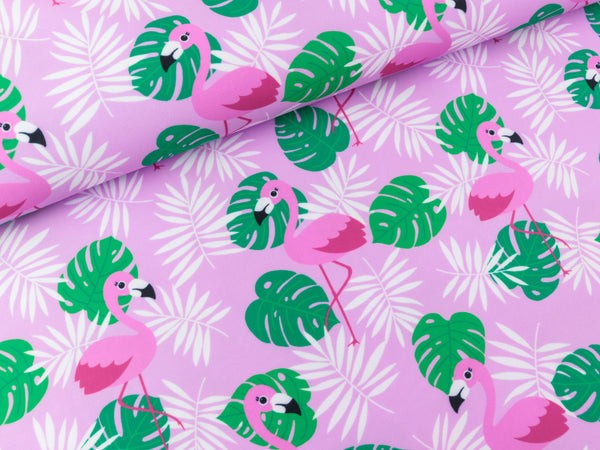 Swim & Sport Jersey Flamingos und Blätter bunt auf Bonbonrosa UPF50