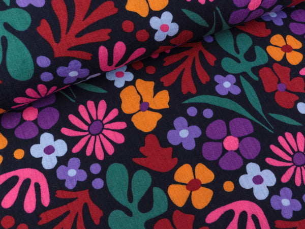 Baumwoll Double Gauze Große bunte Blumen auf Navy