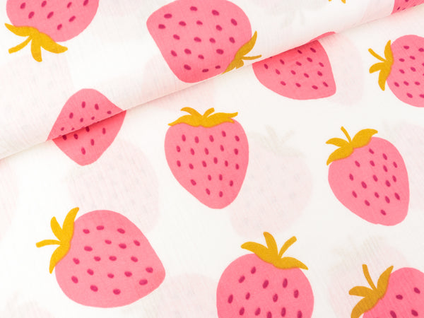 Baumwoll Double Gauze Große Erdbeeren auf Weiß