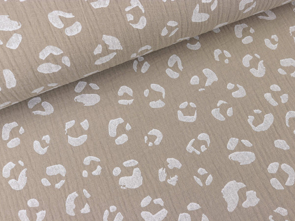 Baumwoll Double Gauze Panther weiß auf Beige