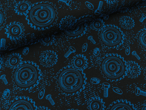 Steinbeck Baumwolljersey Happy Metal Schrauben und Zahnräder auf Schwarz