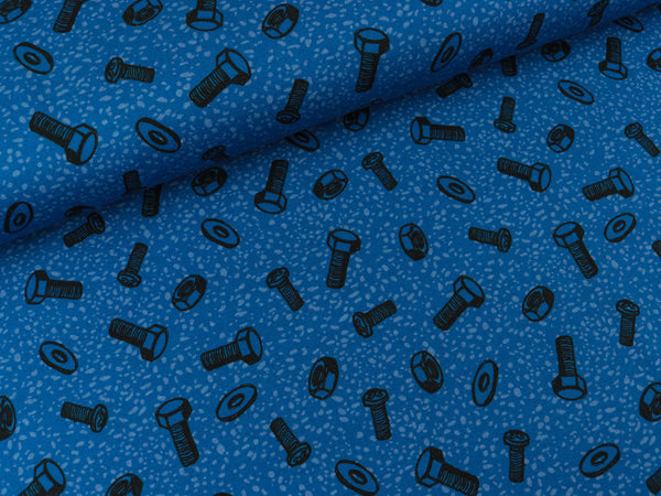 Steinbeck Baumwolljersey Happy Metal Schrauben und Muttern schwarz auf Blau