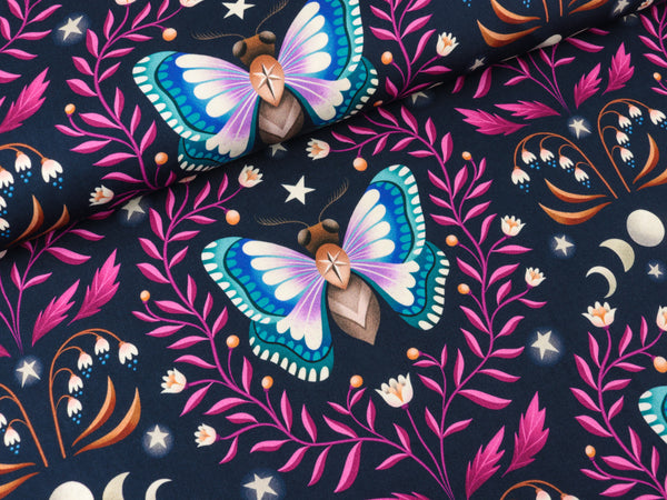 Hamburger Liebe New Cotton Satin Webware Midnight Luna Moth ciclamino-bunt auf Blue navy