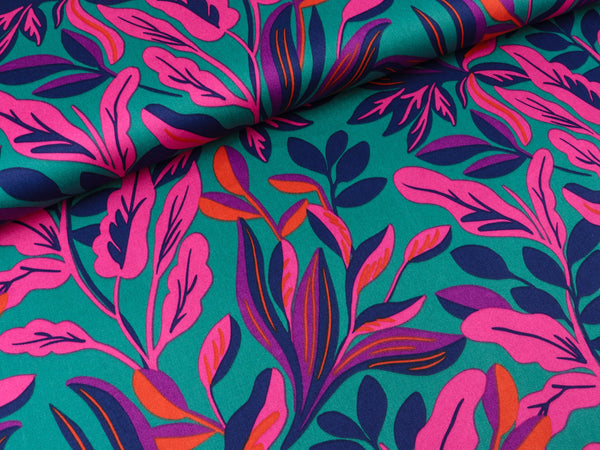 Baumwollsatin Webware Lush Leaves petrol-bunt by Nerida Hansen