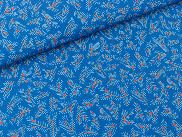 Hamburger Liebe Baumwoll Popeline Christmas 2024 Twigs Tannenzweige bunt auf Blau