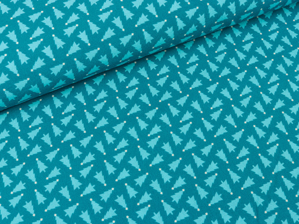 Hamburger Liebe Baumwoll Popeline Christmas 2024 Trees Tannenbäume türkis auf Petrol