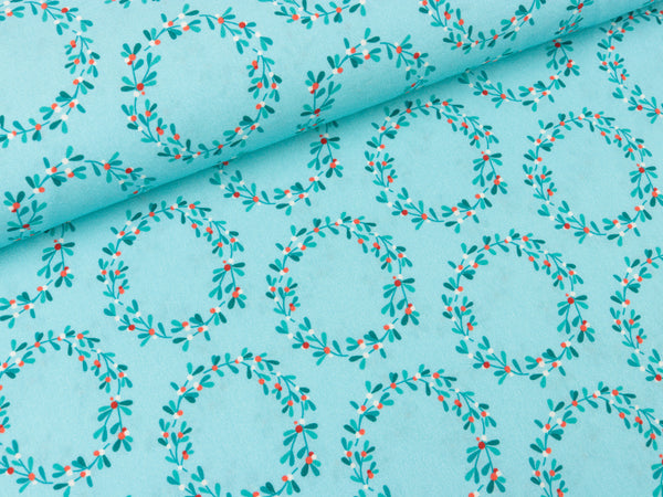 Hamburger Liebe Baumwoll Popeline Christmas 2024 Wreath Kränze bunt auf Eisblau