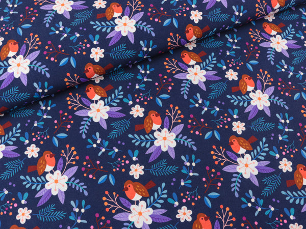 Hamburger Liebe Baumwoll Popeline Christmas 2024 Birds bunt auf Blue navy