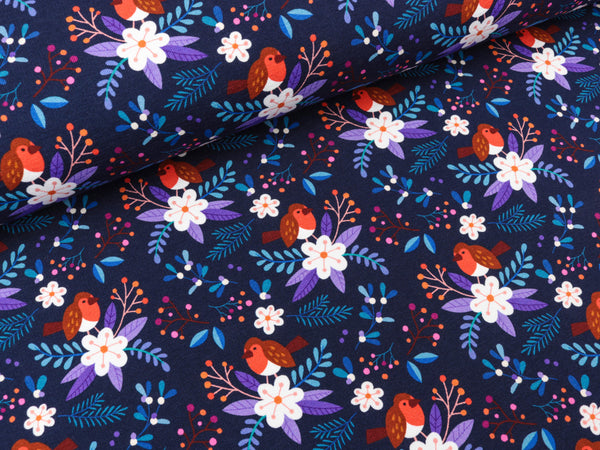 Hamburger Liebe Baumwollsweat Christmas 2024 Birds bunt auf Blue navy