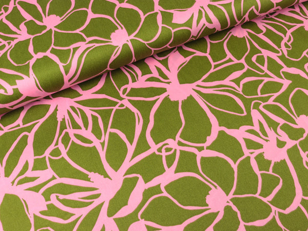 Baumwollsatin Webware Magnolia moosgrün-rosa by Nerida Hansen