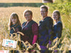 French Terry Lots of Dots Farnblätter senfgelb-lila auf Schwarz by Lycklig Design