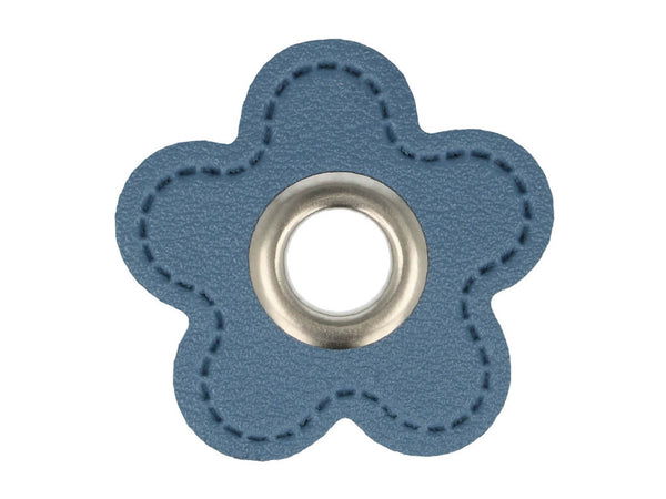 Ösen Patch Blume Skai Kunstleder jeansblau-silber für Kordeln 8mm Lederimitat