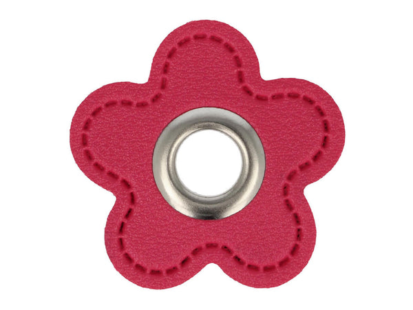 Ösen Patch Blume Skai Kunstleder pink-silber für Kordeln 8mm Lederimitat