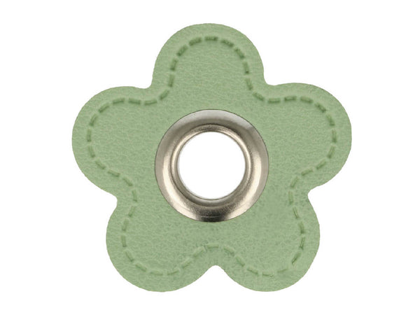 Ösen Patch Blume Skai Kunstleder hellgrün-silber für Kordeln 8mm Lederimitat