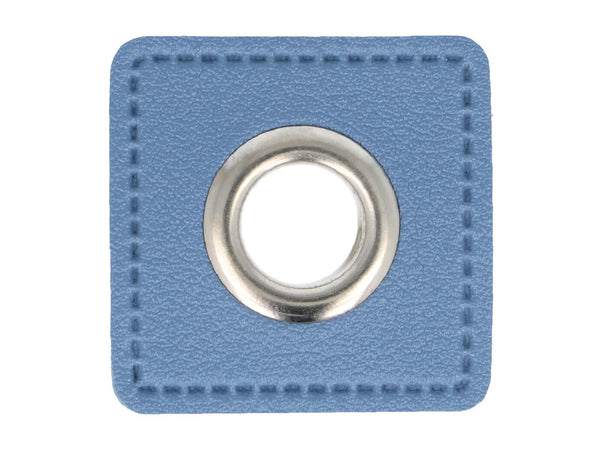 Ösen Patch Skai Quadrat für Kordeln jeansblau-silber 11mm Lederimitat