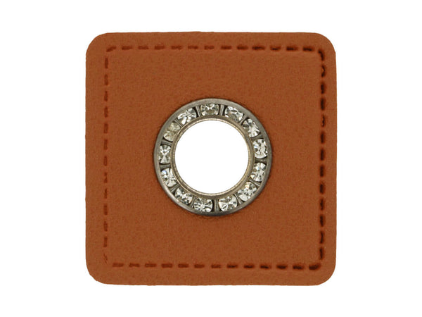 Ösen Patch Quadrat mit Glitzersteinen für Kordeln braun-altsilber 11mm Lederimitat