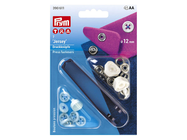 Prym 390611 Nähfrei Druckknöpfe Jersey weiß-blau 12mm 7 Stück
