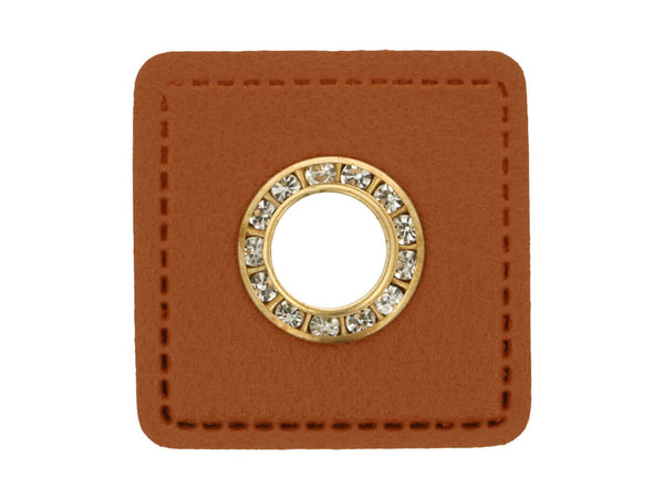 Ösen Patch Quadrat mit Glitzersteinen für Kordeln braun-gold 11mm Lederimitat