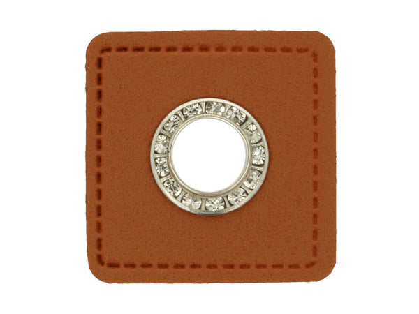 Ösen Patch Quadrat mit Glitzersteinen für Kordeln braun-nickel 11mm Lederimitat
